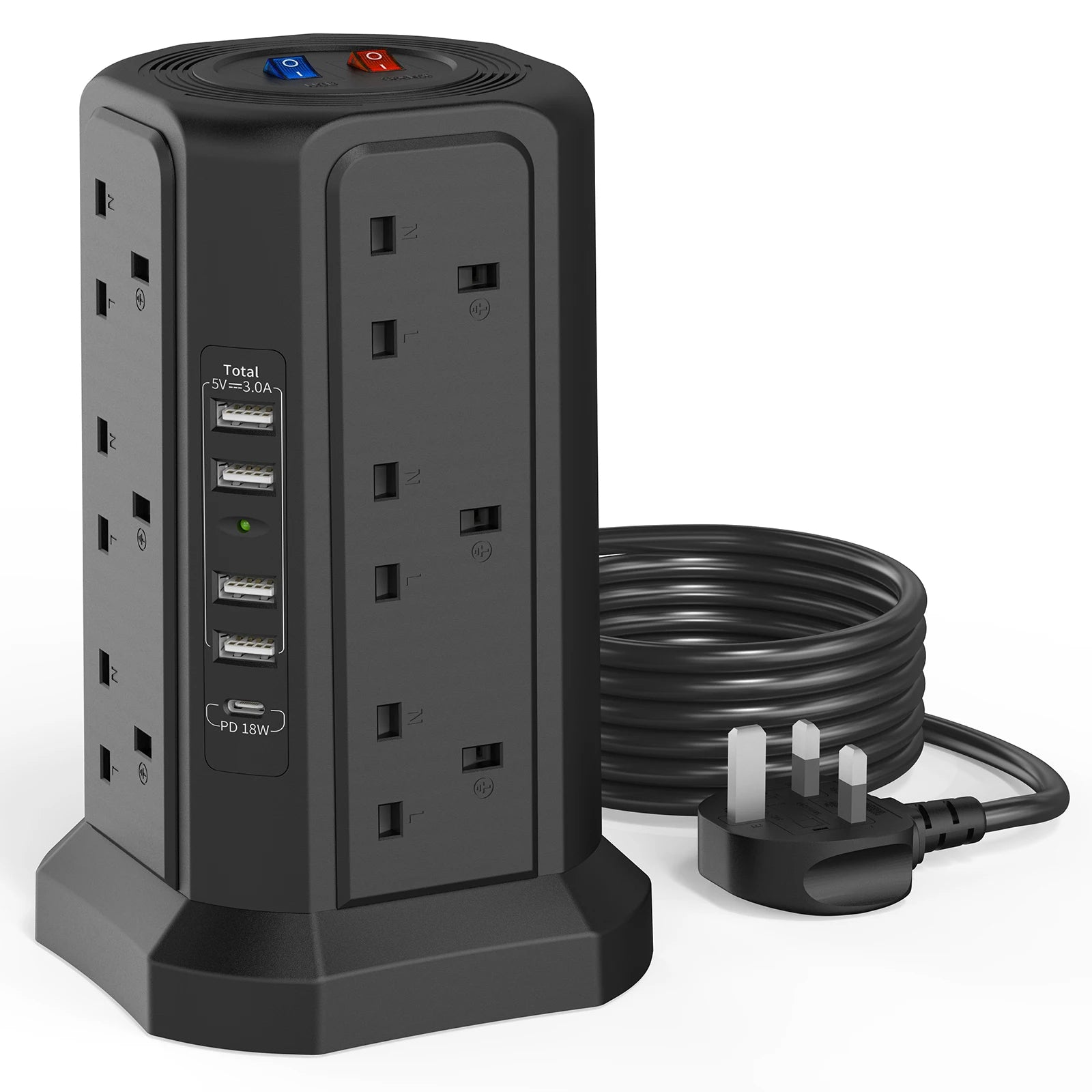 Tower Extension Lead - 1.8 M Cable 12-Way with USB and 18 W Usb-c Fast Charger