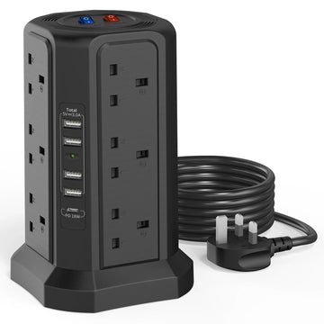 Tower Extension Lead - 1.8 M Cable 12-Way with USB and 18 W Usb-c Fast Charger