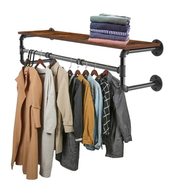 Industrial Pipe Clothing Rack - Wall-Mounted Wood Shelf and Floating Display