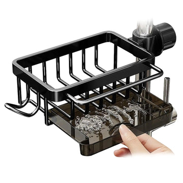 Aluminum Sink Faucet Organizer - Adjustable Sponge Holder with Drain Tray