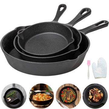 3-Piece Cast Iron Frying Pan Set - Uncoated Non-Stick Skillets & Stir-Frying