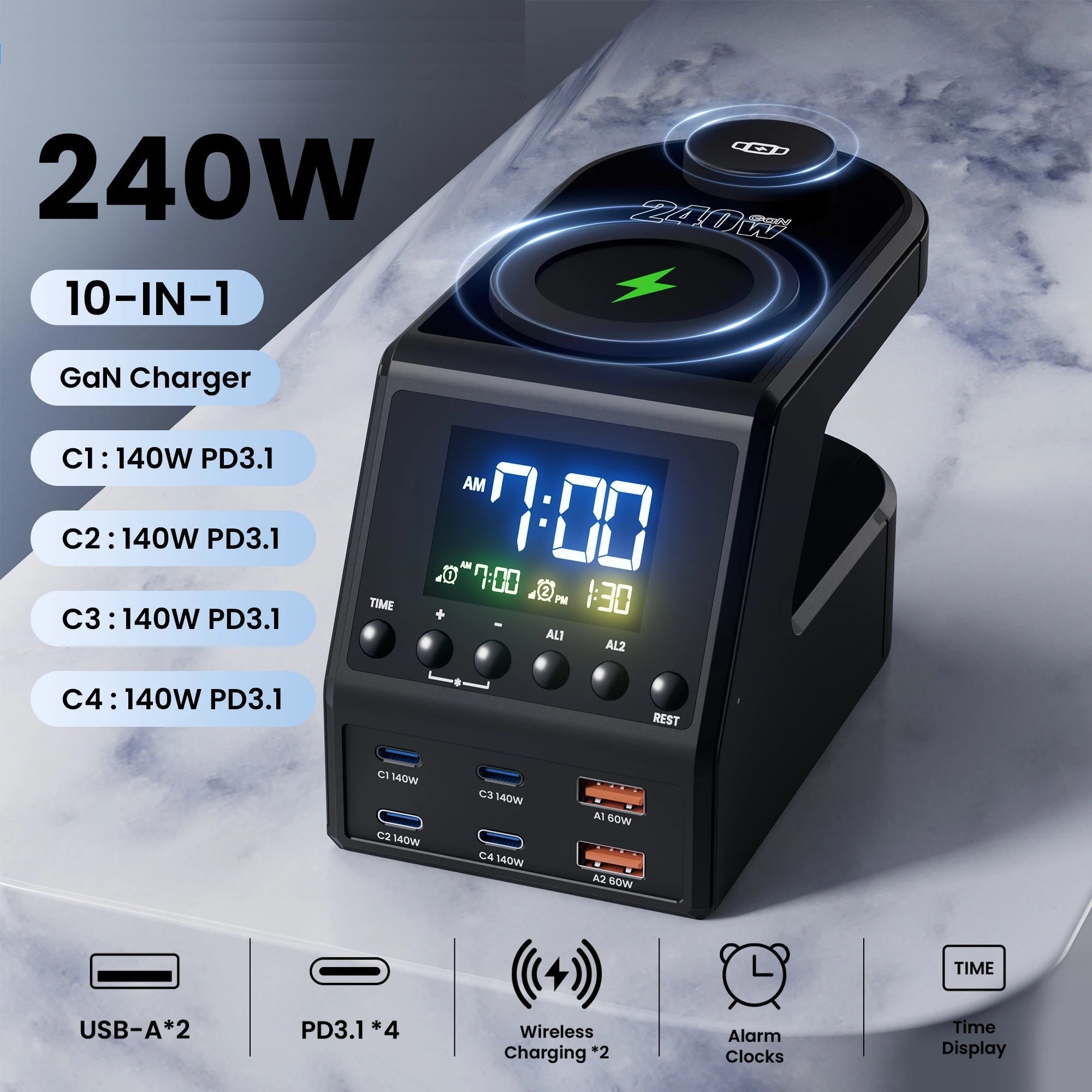 Charger Station - 4×140w Usb-c & Wireless Fast with Clock
