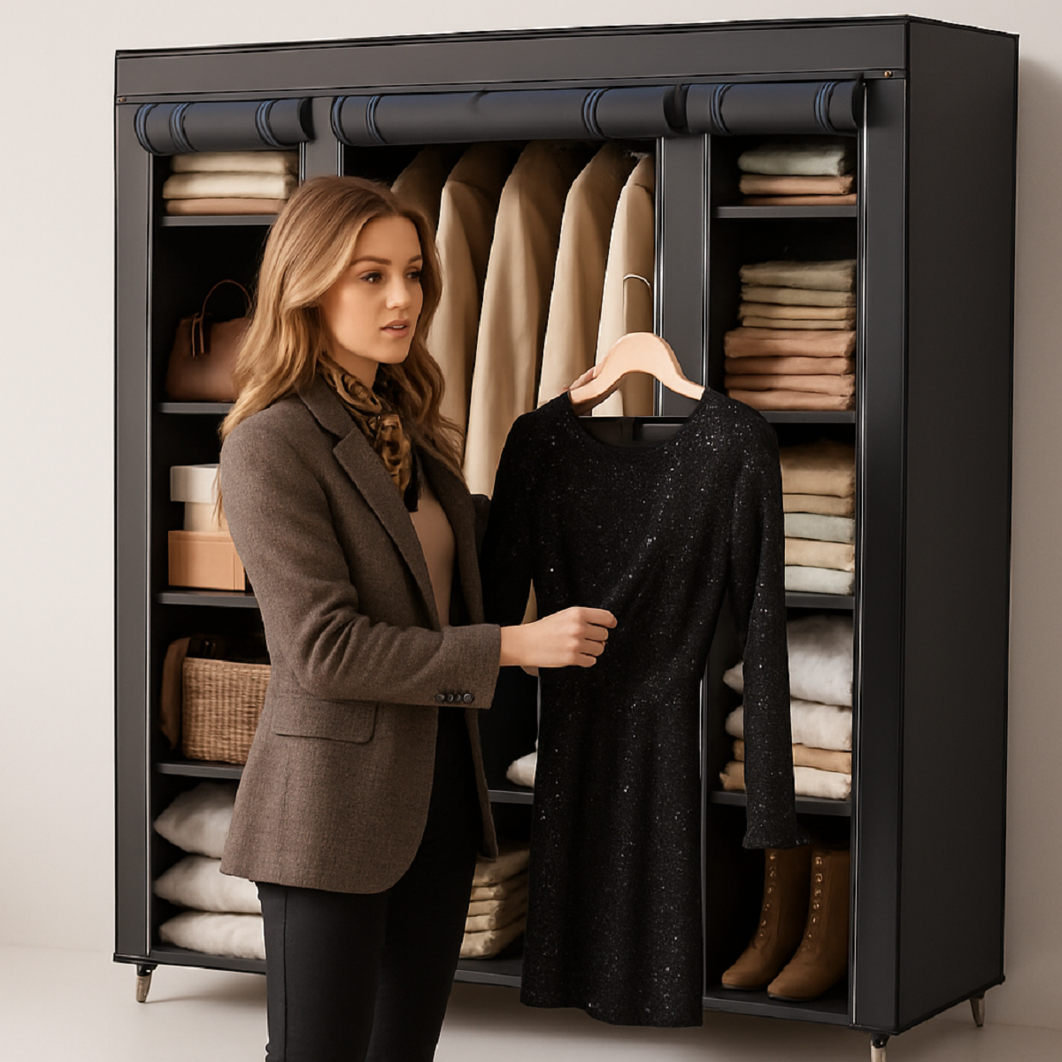 Portable Closet Wardrobe - Clothes Rail with Fabric Cover and Storage