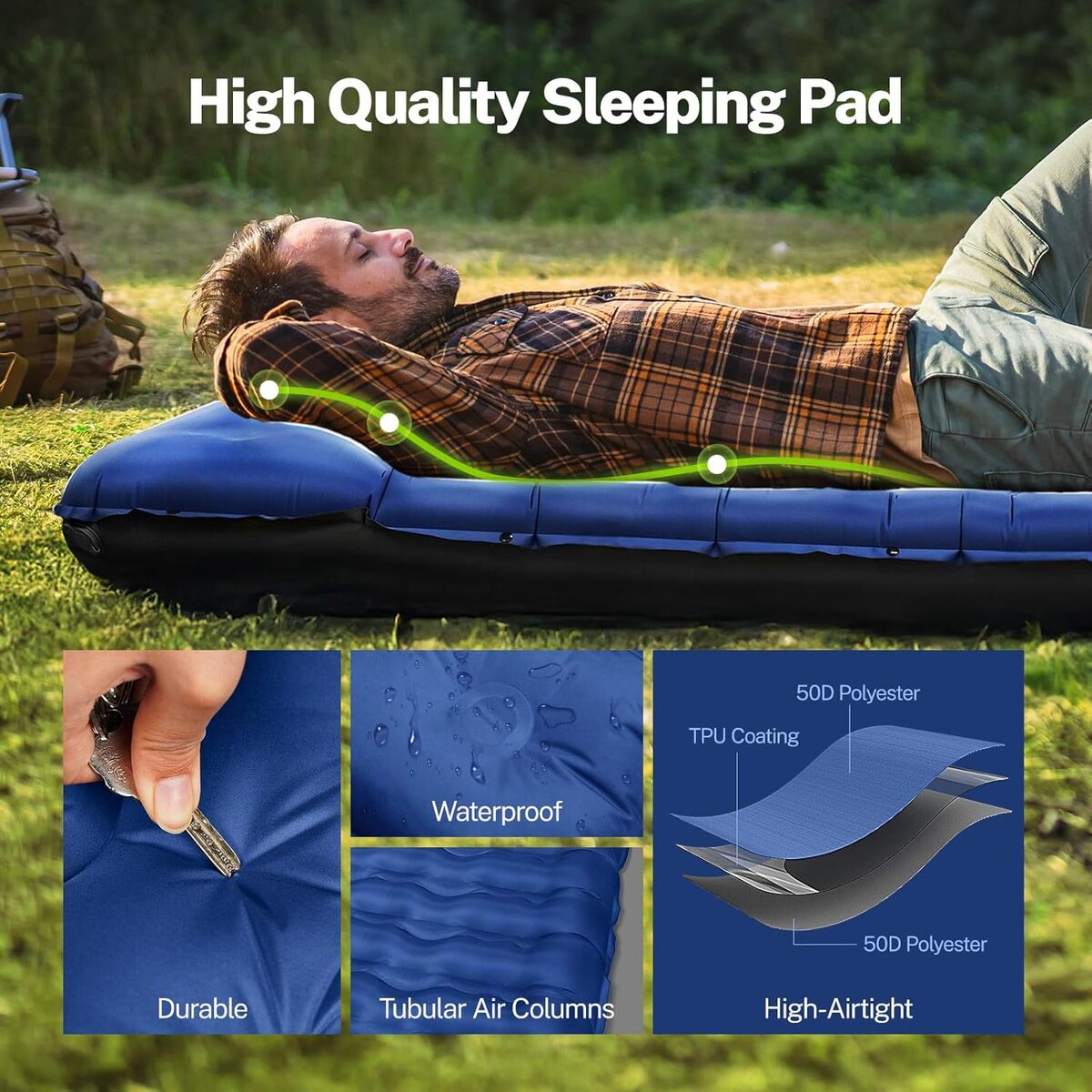 Self-Inflating Camping Mattress - Ultralight Air Mat with Built-In Pump