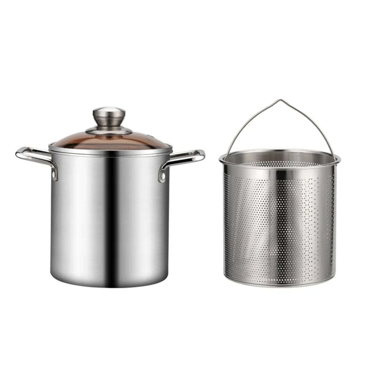 3.2 qt Stainless Steel Deep Fryer Pot - Tempura with Basket Lid and Tongs