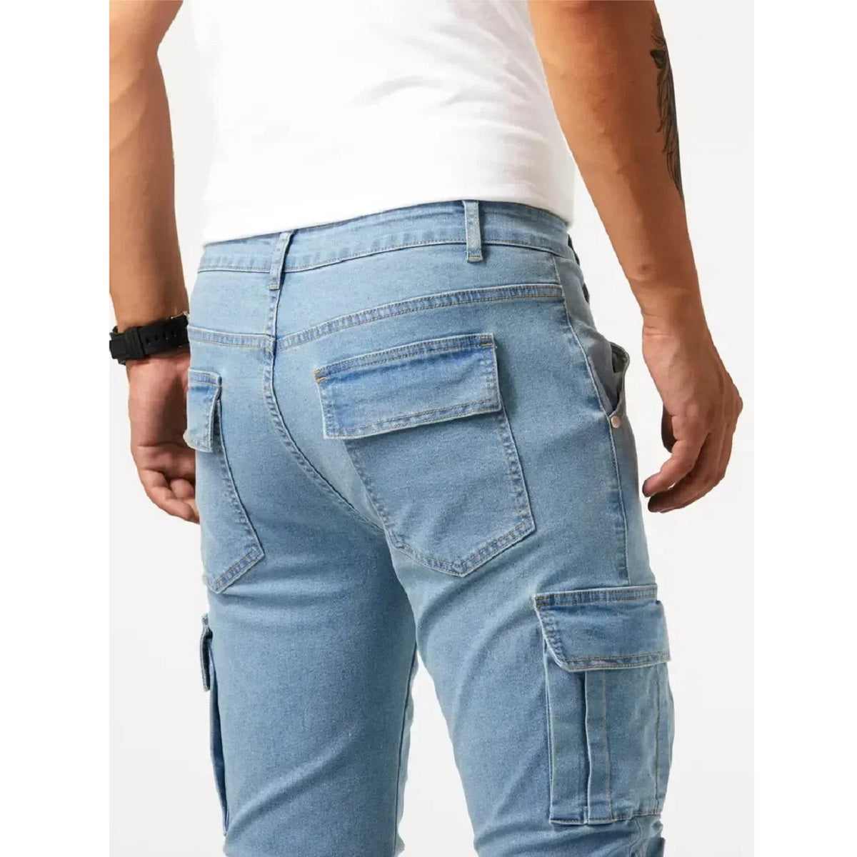 Men's Slim Fit Denim Cargo Joggers - Stylish Multi-Pocket Elastic Jeans