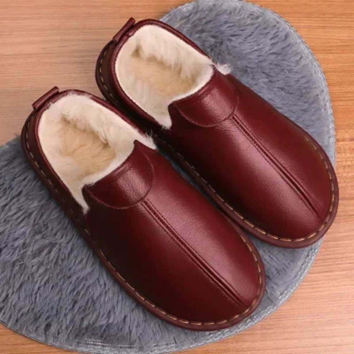 Genuine Leather Winter Slippers - Anti-Slip Warm Wool for Men & Women