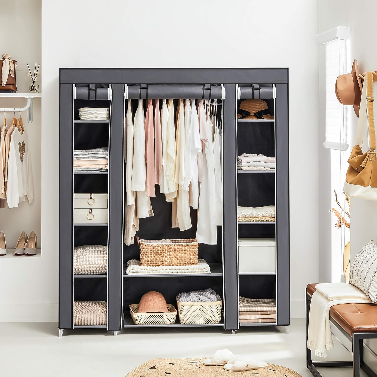 Portable Closet Wardrobe - Clothes Rail with Fabric Cover and Storage