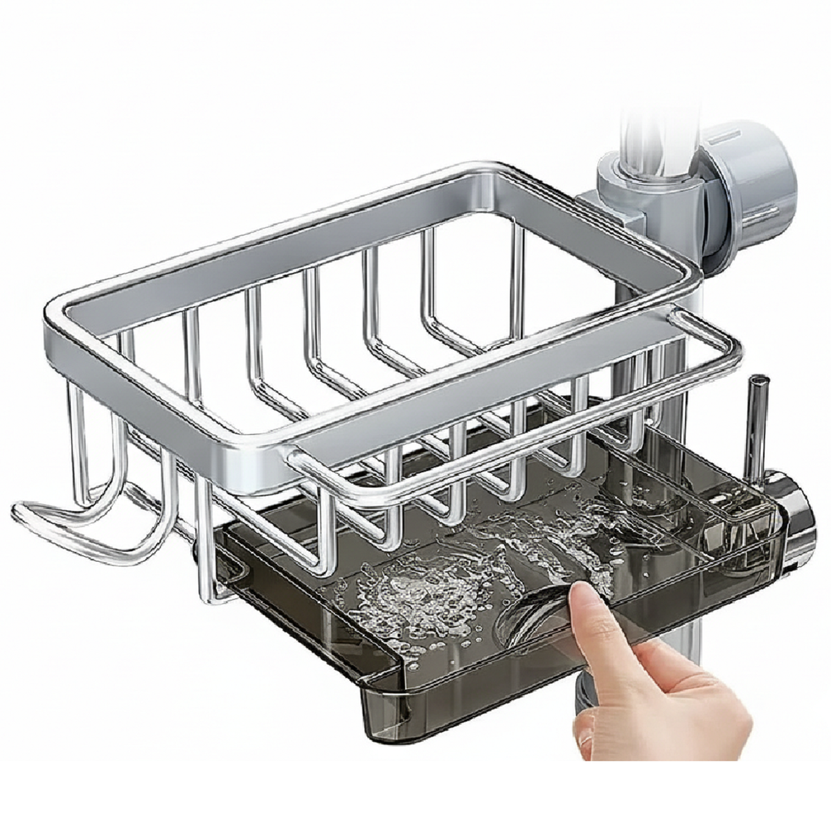 Aluminum Sink Faucet Organizer - Adjustable Sponge Holder with Drain Tray