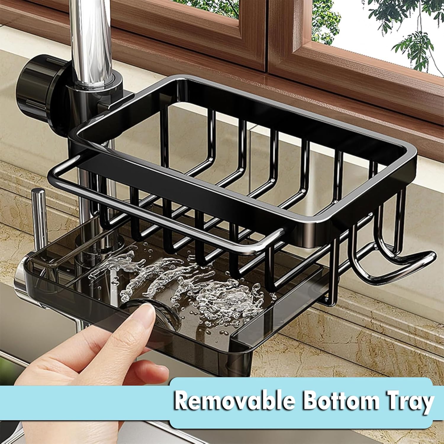 Aluminum Sink Faucet Organizer - Adjustable Sponge Holder with Drain Tray