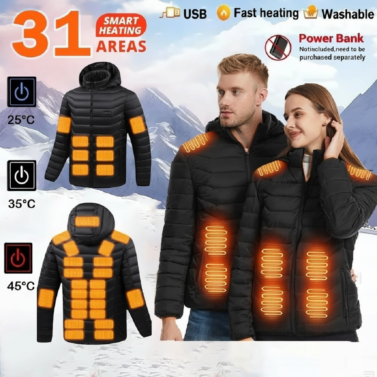 31-Zone Heated Jacket - USB Electric Thermal Winter Coat for Men & Women