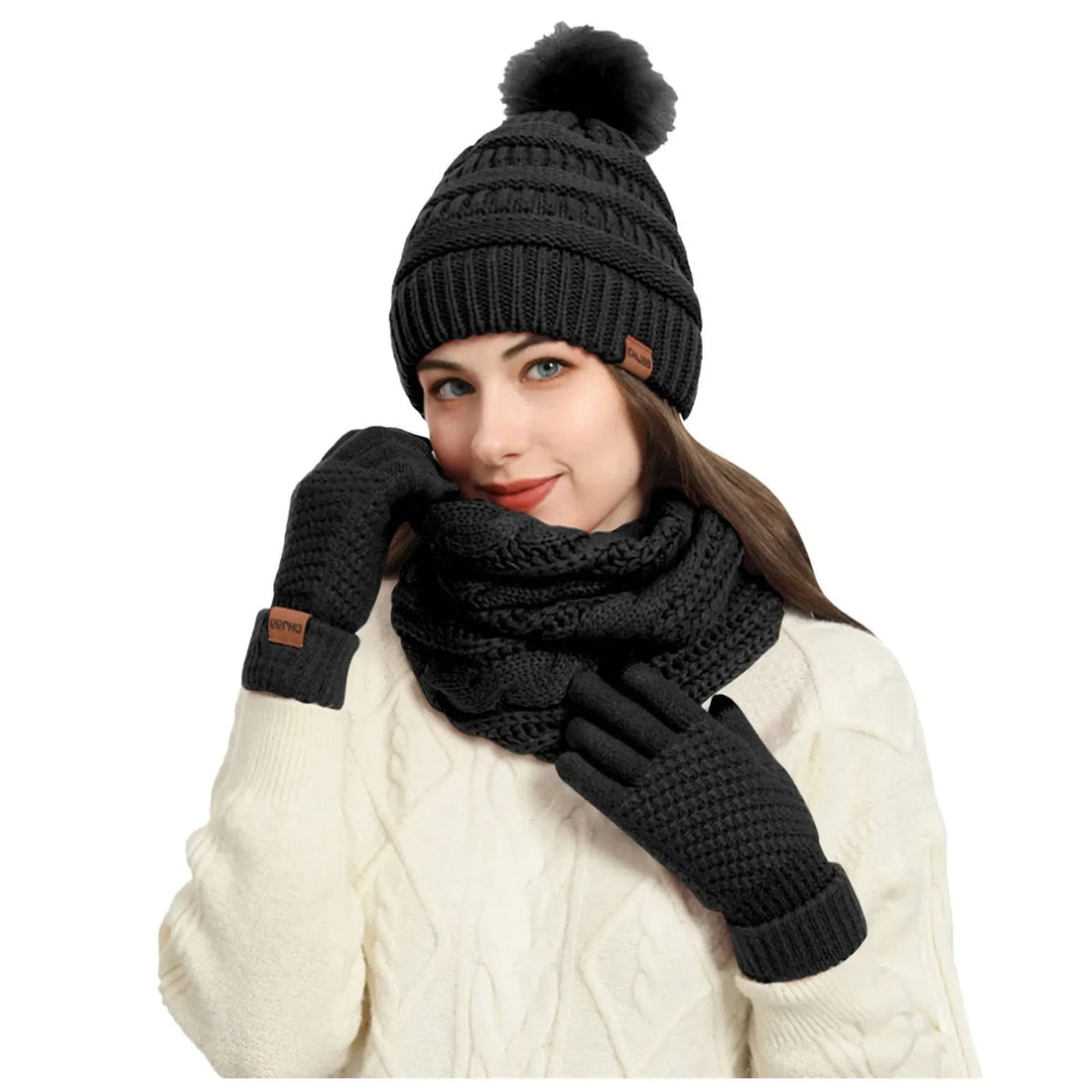 Women's Winter Hat Scarf Set - Knit Beanie with Gloves and Neck Warmer