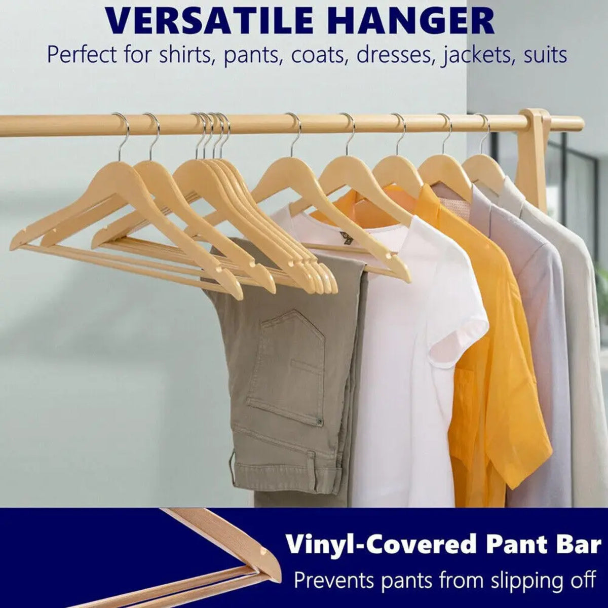 Wooden Coat Hangers (30 Pcs) - Clothes and Suit with Trouser Bar