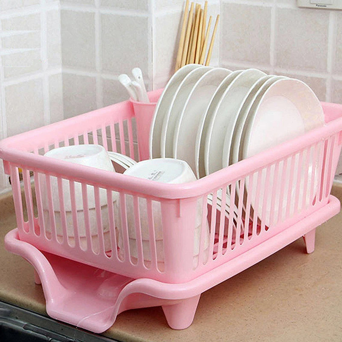 Plastic Dish Drying Rack - Duty Sink Drainer with Cup Holders and Drainboard