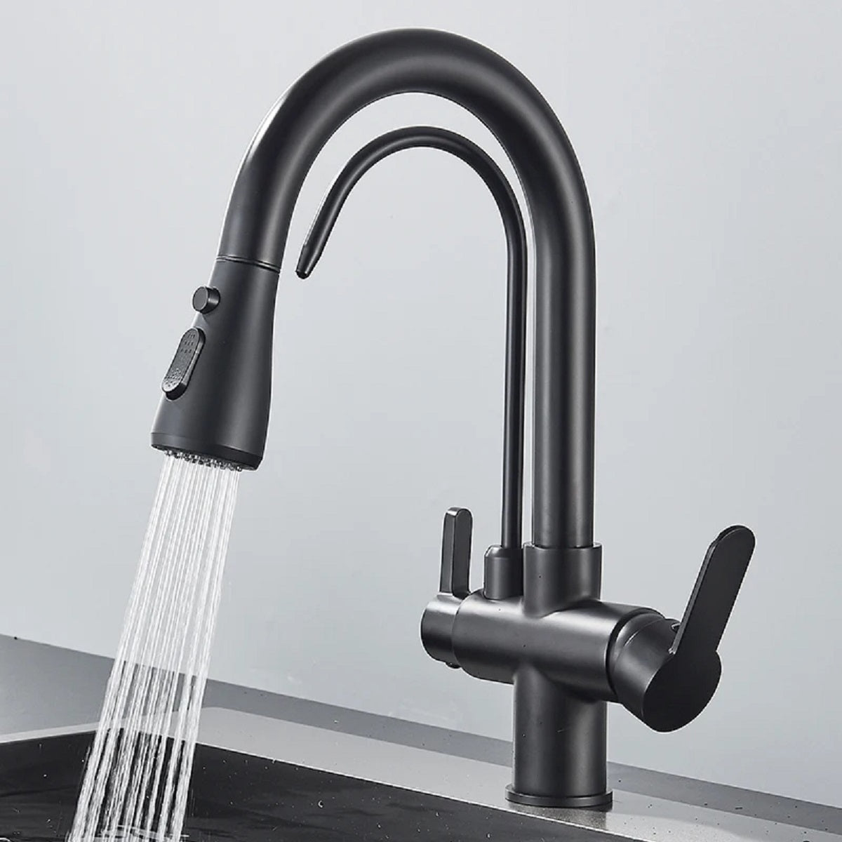 Matte Black 3-Way Kitchen Faucet - Pull-Out 360° Filtered Spray Mixer