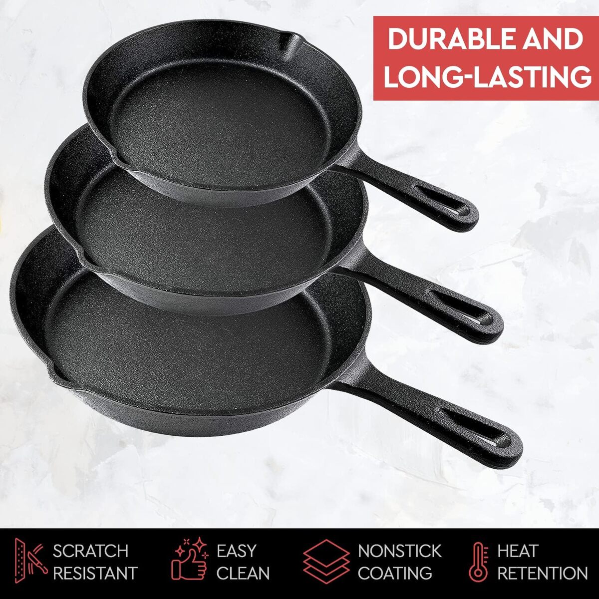 3-Piece Cast Iron Frying Pan Set - Uncoated Non-Stick Skillets & Stir-Frying