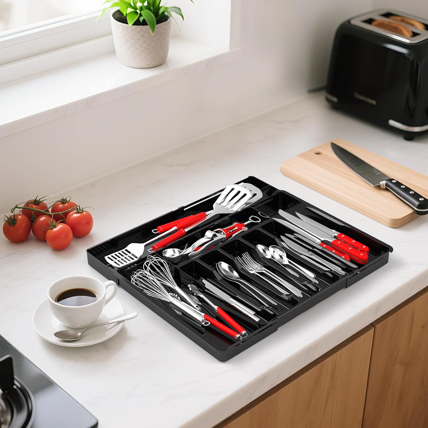 Expandable Kitchen Drawer Cutlery Organizer - Adjustable 6-9 Slot Flatware Tray