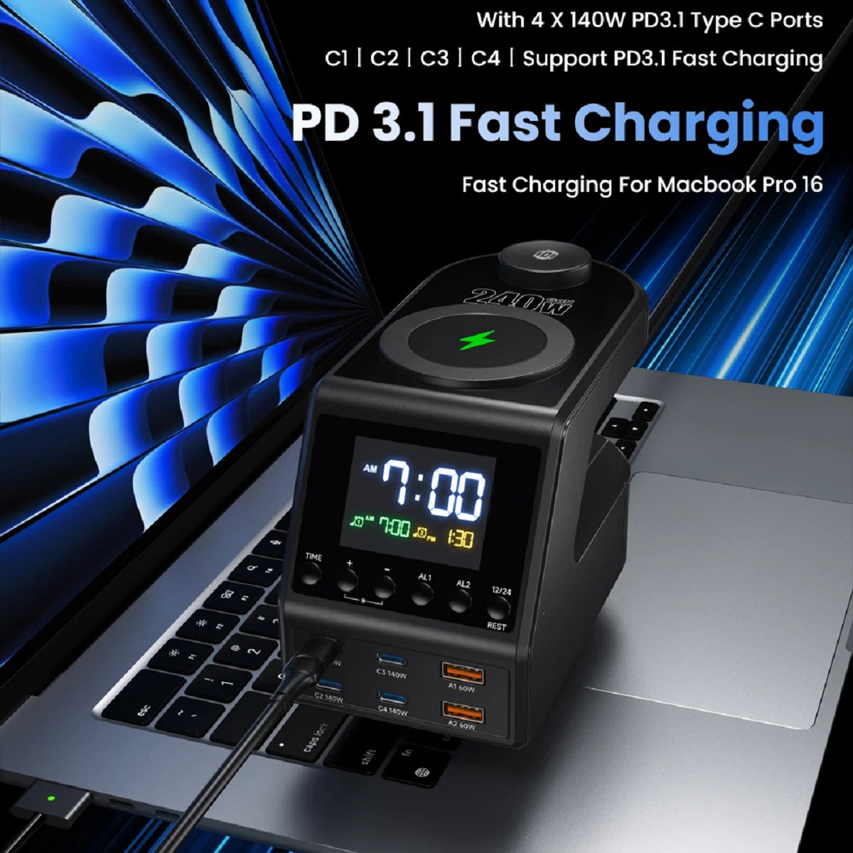 Charger Station - 4×140w Usb-c & Wireless Fast with Clock