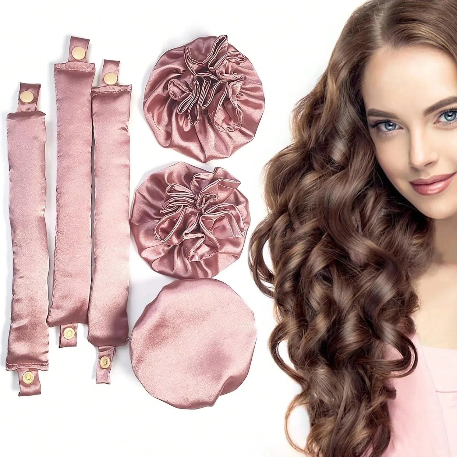 3-Pcs Satin Heatless Curling Rod Set - Overnight Headband and Caps for Long Hair