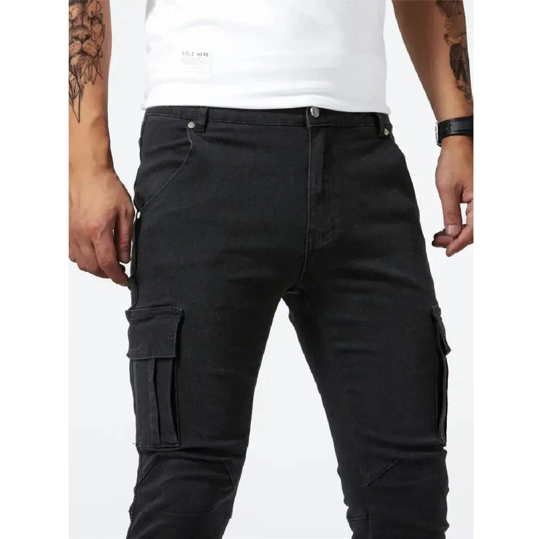 Men's Slim Fit Denim Cargo Joggers - Stylish Multi-Pocket Elastic Jeans