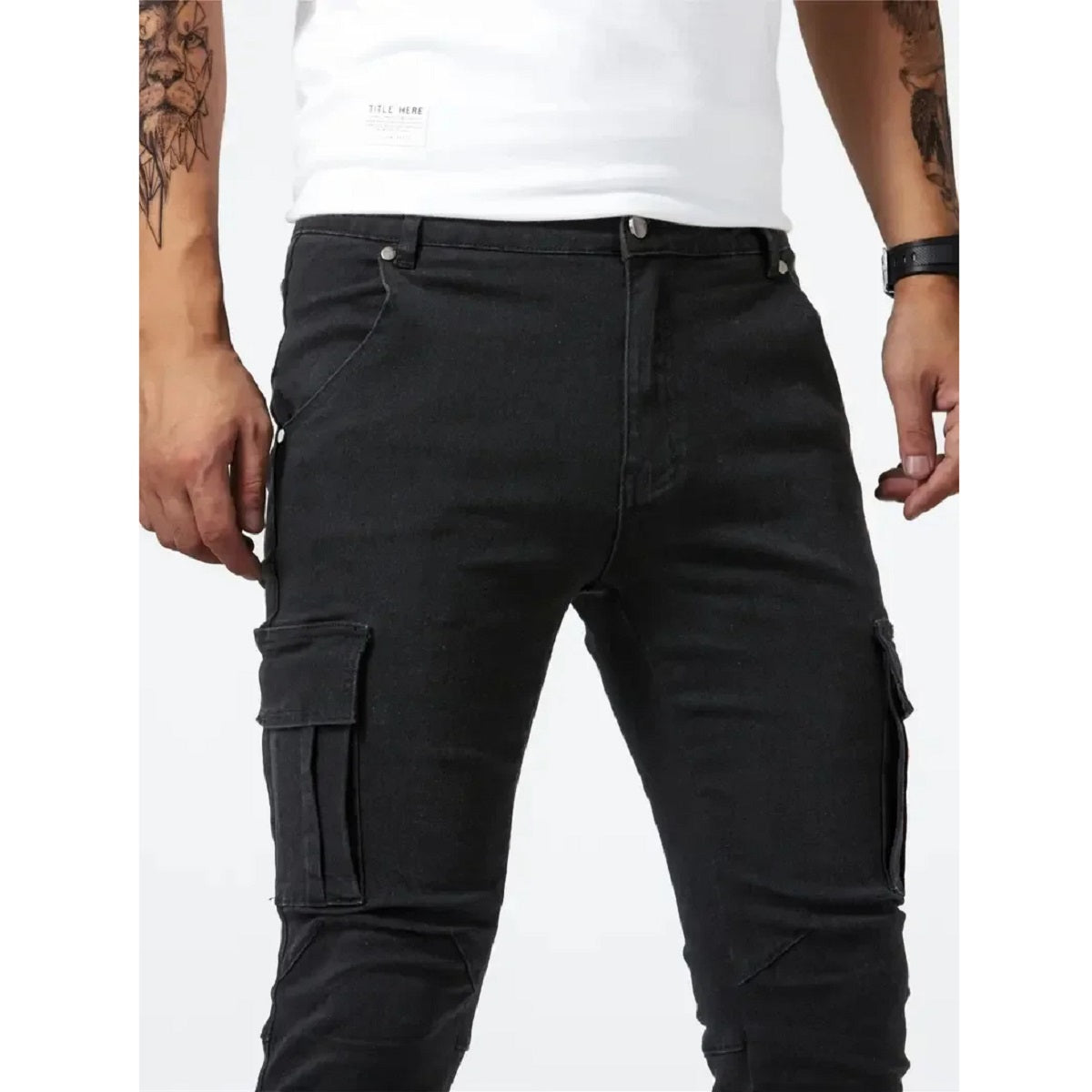 Men's Slim Fit Denim Cargo Joggers - Stylish Multi-Pocket Elastic Jeans