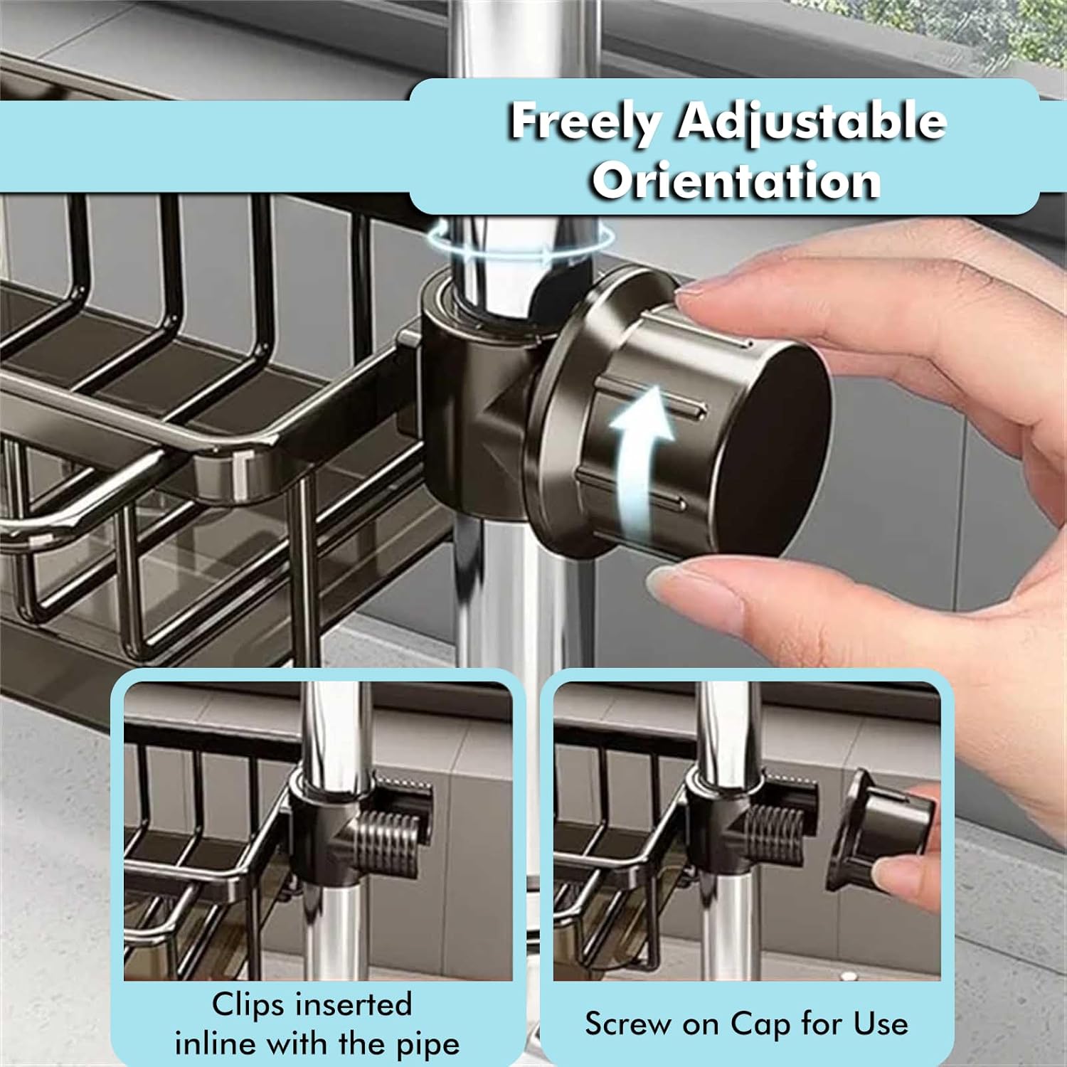 Aluminum Sink Faucet Organizer - Adjustable Sponge Holder with Drain Tray