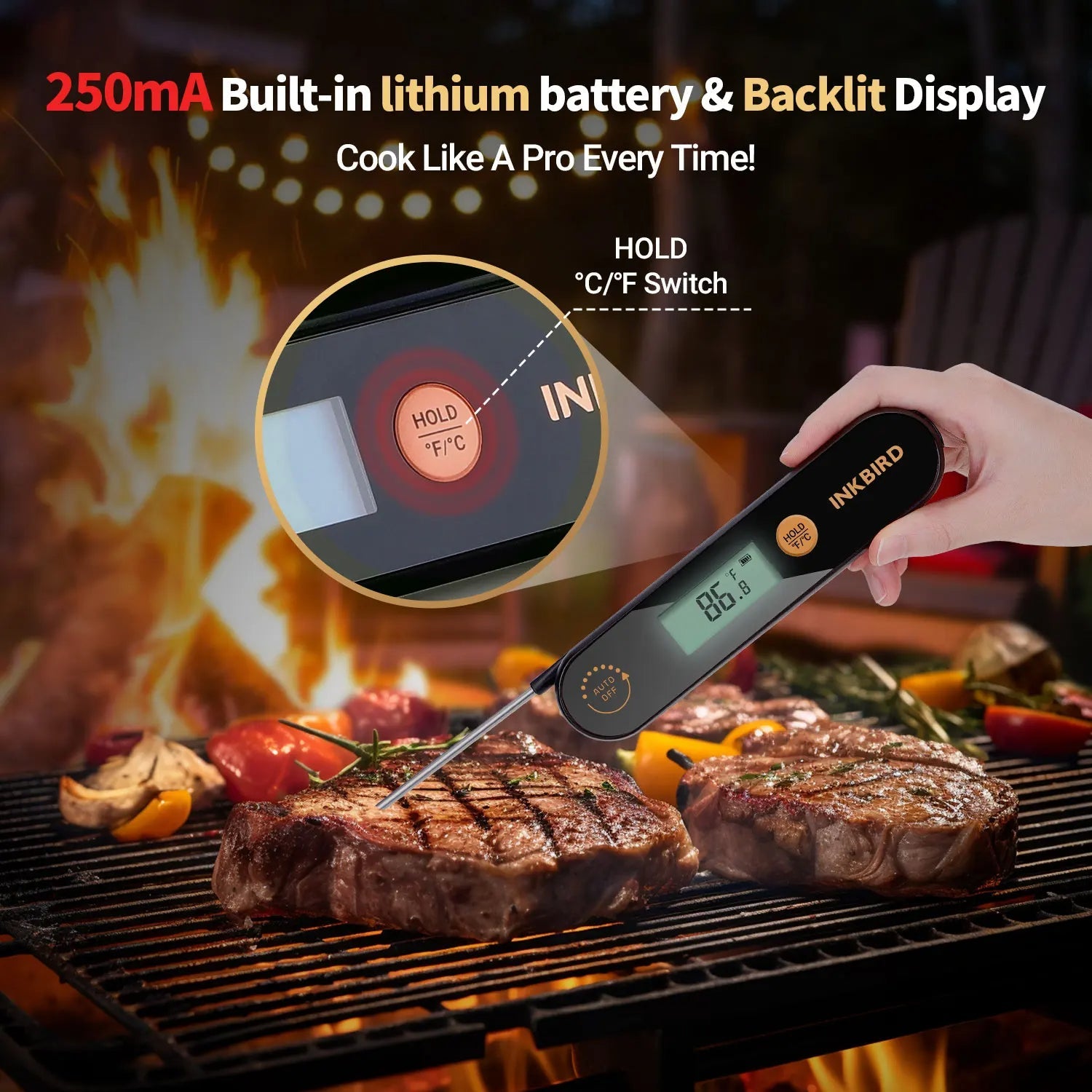 Ipx5 Waterproof Meat Thermometer - Foldable Probe Rechargeable Bbq/fry