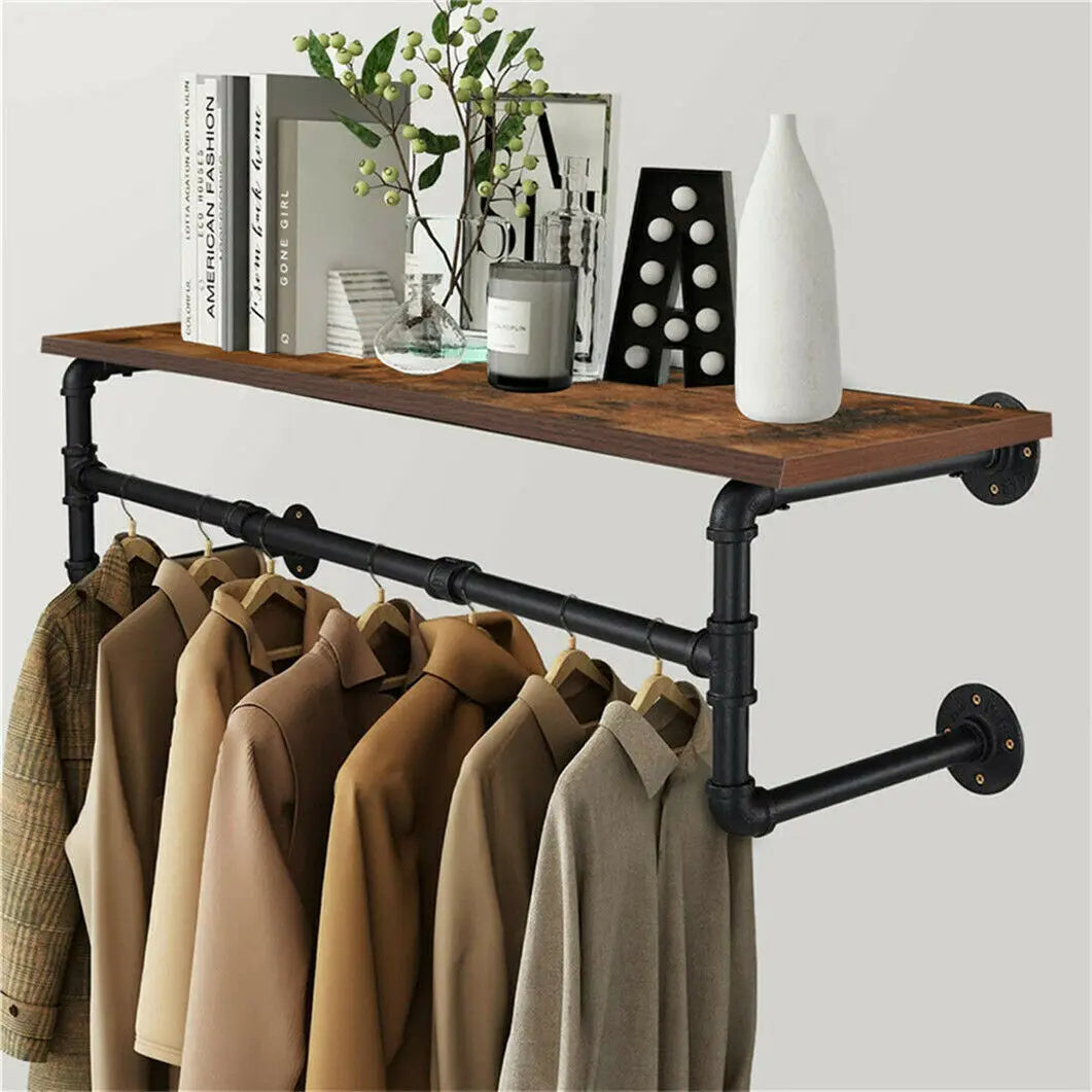 Industrial Pipe Clothing Rack - Wall-Mounted Wood Shelf and Floating Display