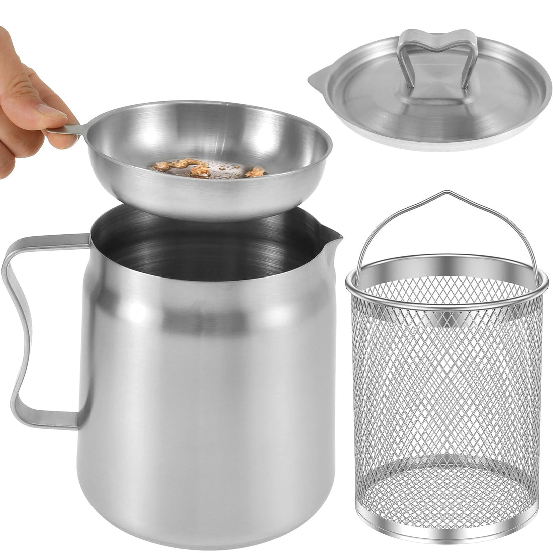 Stainless Steel Oil Storage Pot with Fine Mesh Strainer and Fry Basket