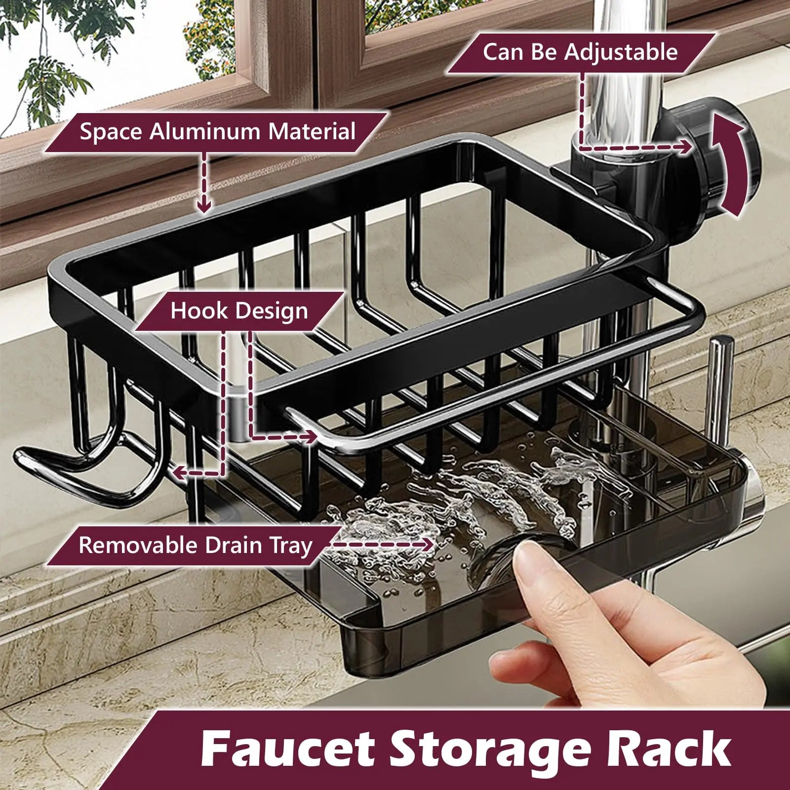 Aluminum Sink Faucet Organizer - Adjustable Sponge Holder with Drain Tray