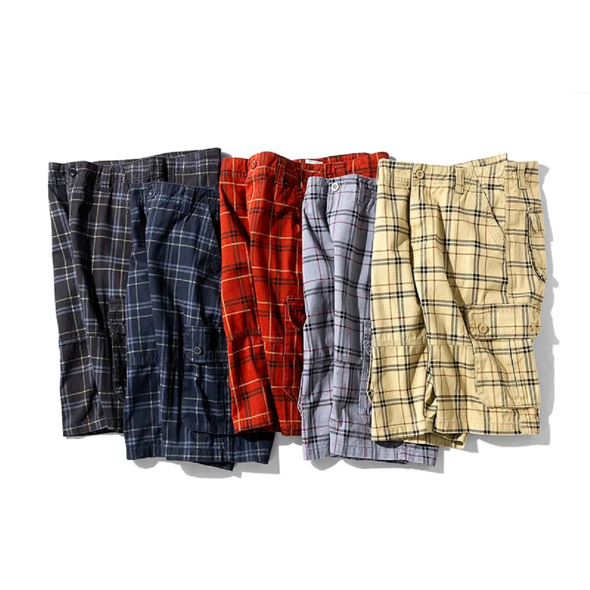 Men's Plaid Cargo Shorts - Cotton Quick-Dry Breeches with Multi Pockets