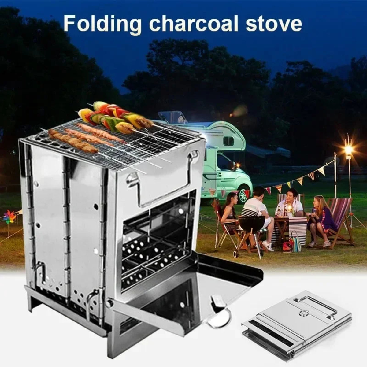 Portable Wood Stove - Foldable Stainless Steel Camping BBQ Grill