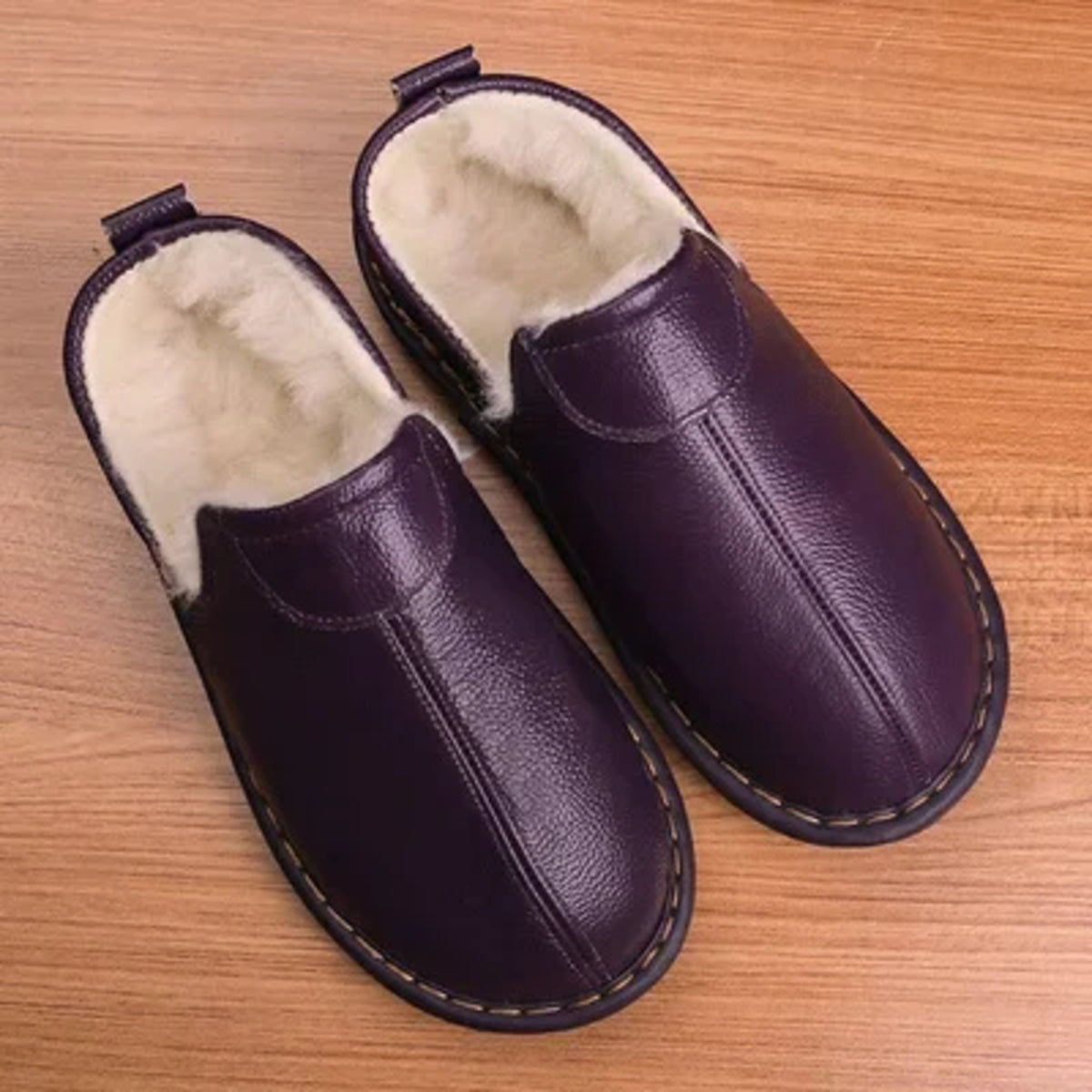 Genuine Leather Winter Slippers - Anti-Slip Warm Wool for Men & Women