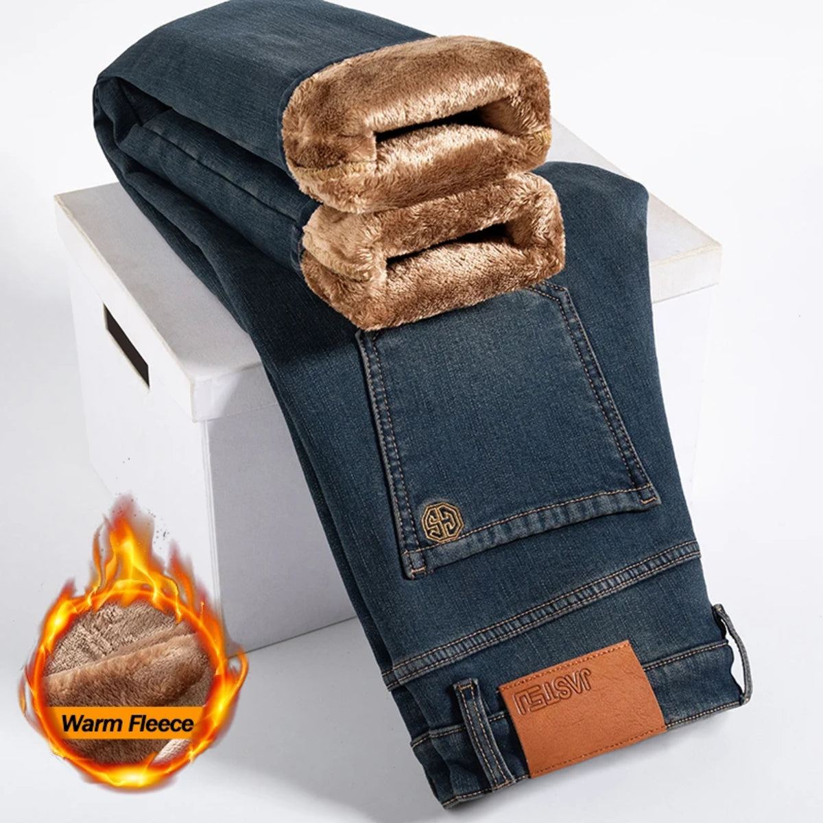 Men's Brown Vintage Winter Jeans - Thick Velvet Warm Elastic Straight Denim