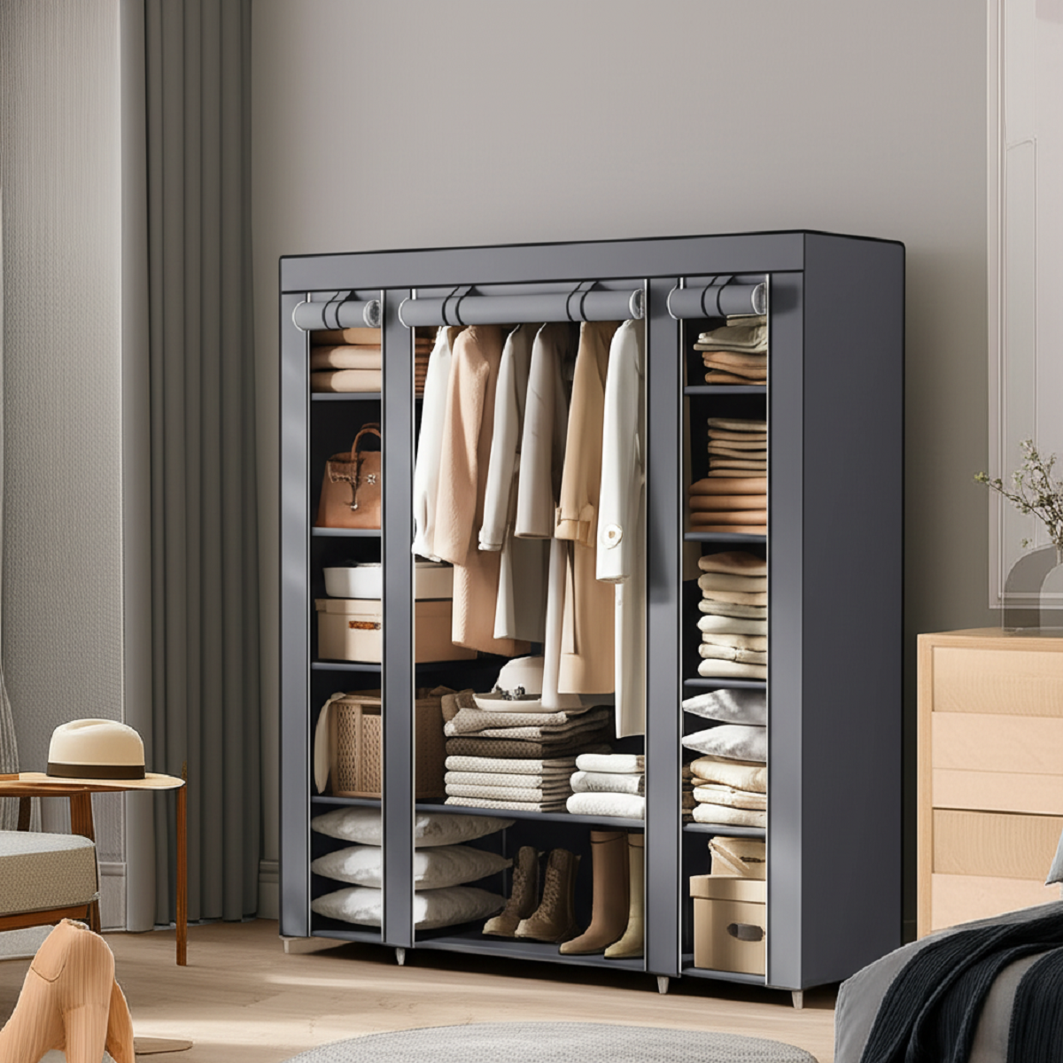 Portable Closet Wardrobe - Clothes Rail with Fabric Cover and Storage