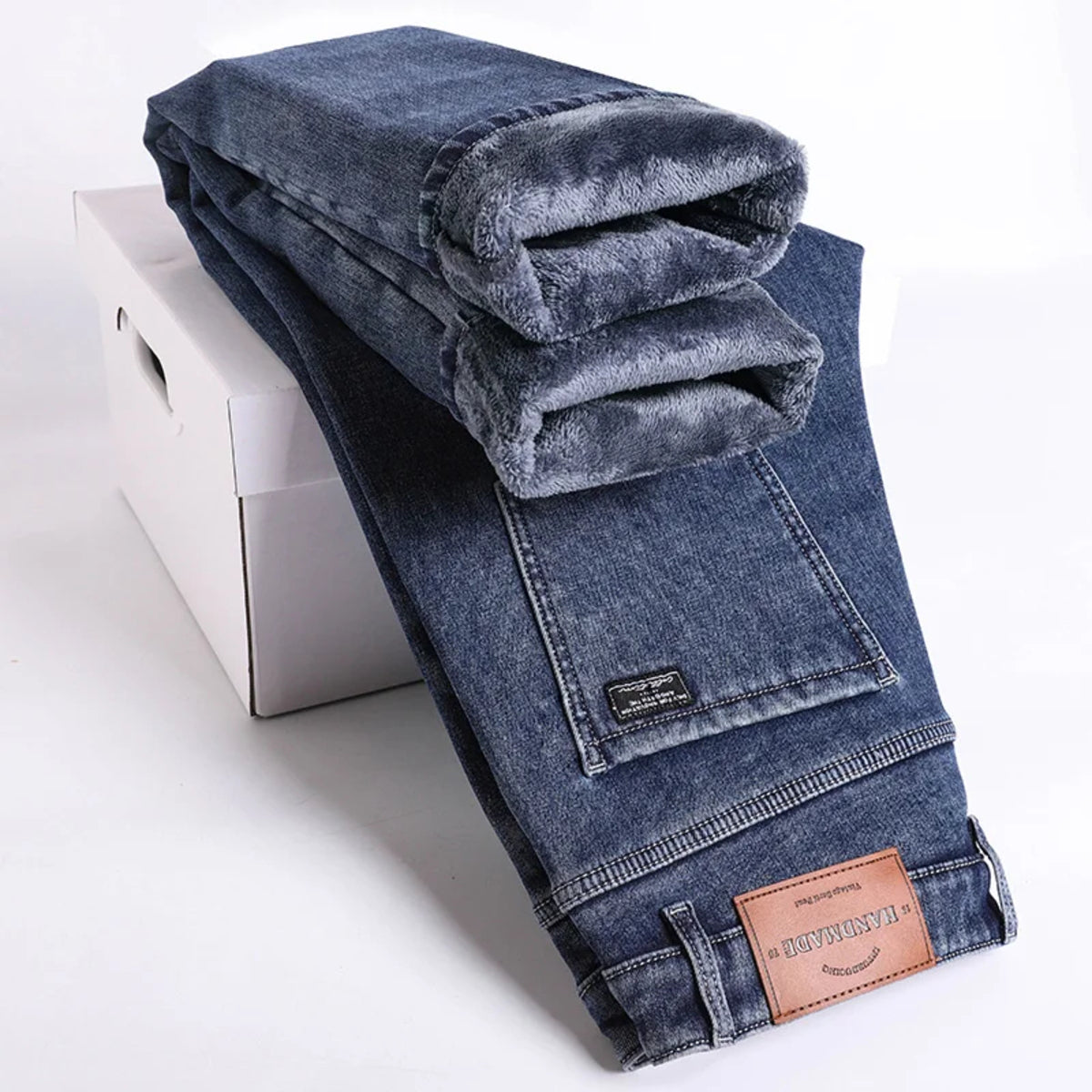 Men's Winter Fleece Jeans - Slim Straight Warm Elastic Denim Pants