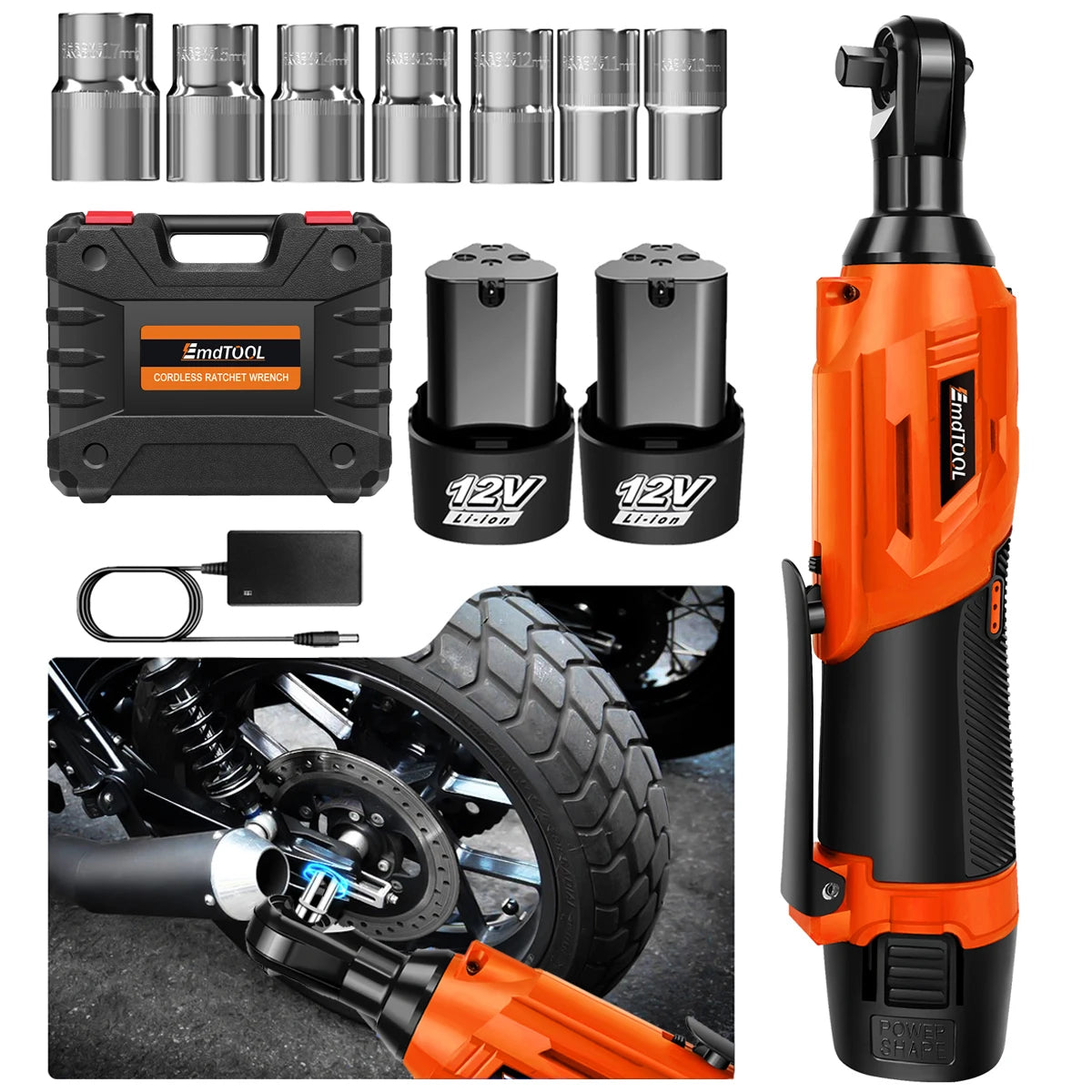 Cordless Electric Ratchet Wrench 12V - 3/8" with 2 Batteries and Sockets