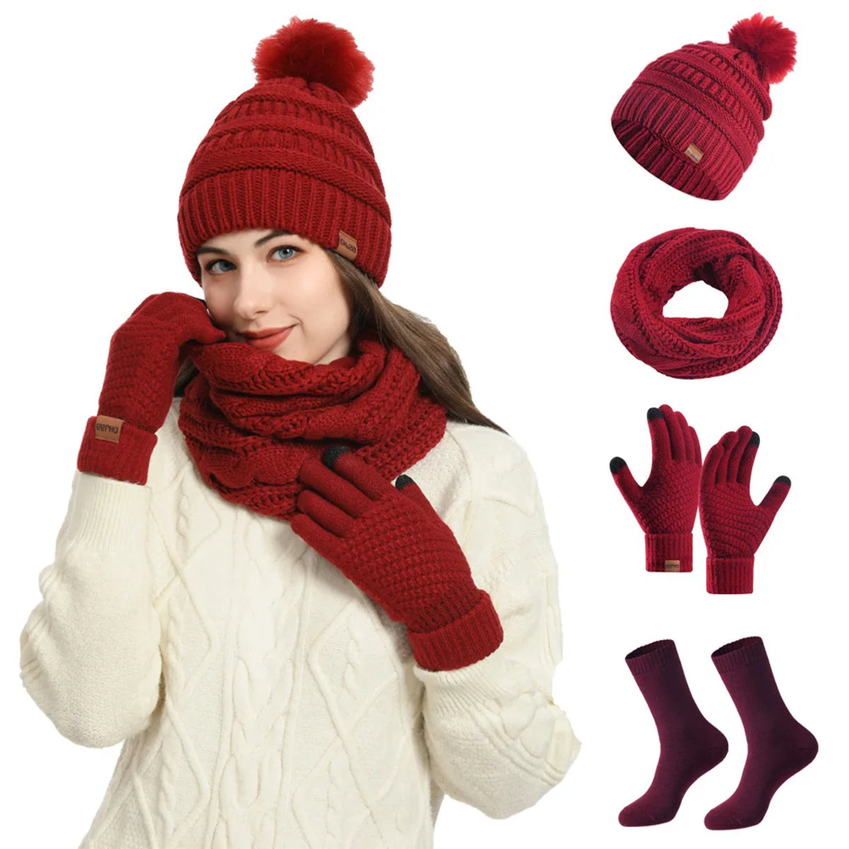 Women's Winter Hat Scarf Set - Knit Beanie with Gloves and Neck Warmer