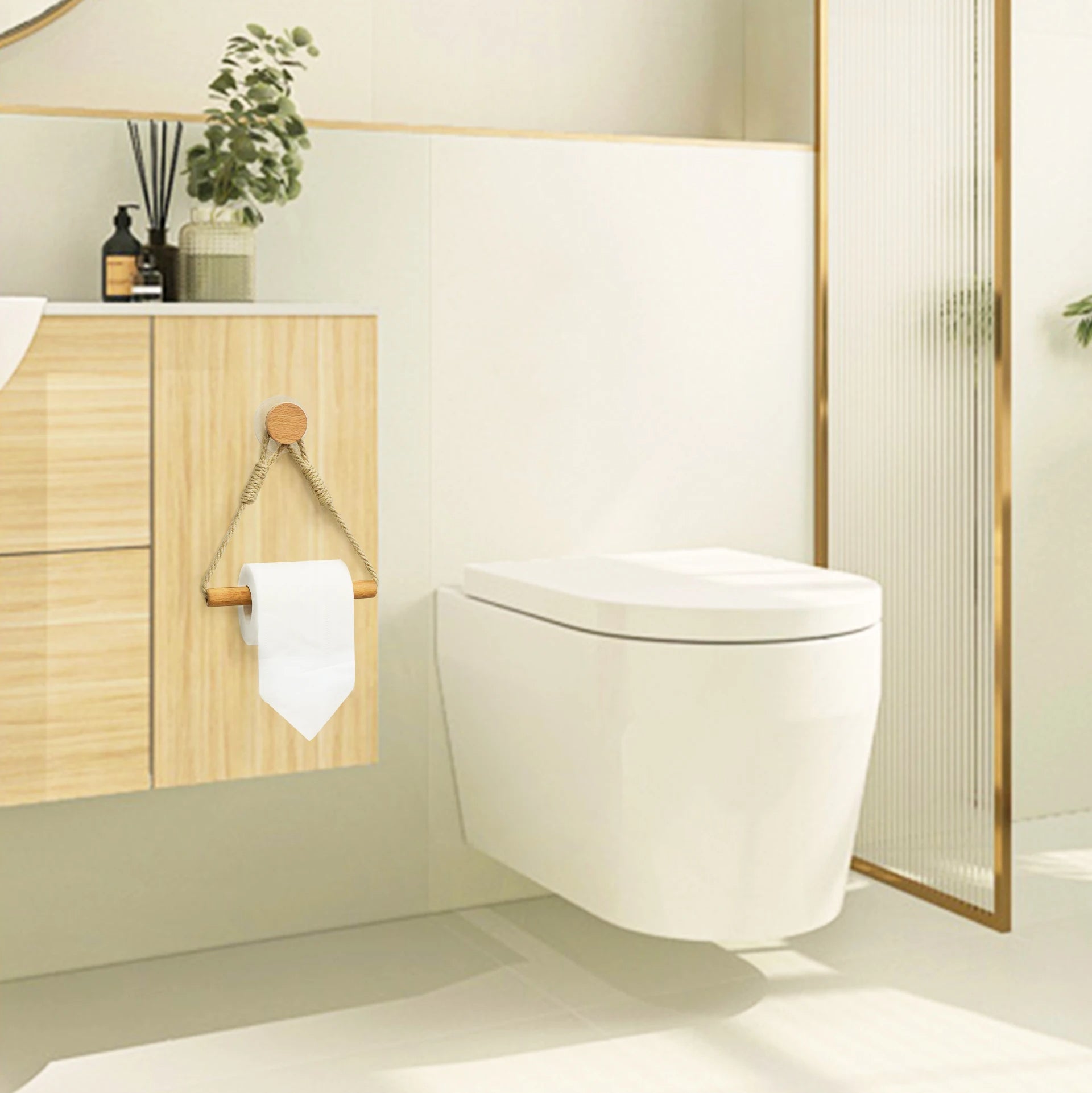 Wall-Mounted Toilet Paper Holder - Wooden Bathroom Tissue Rack with Towel Bar