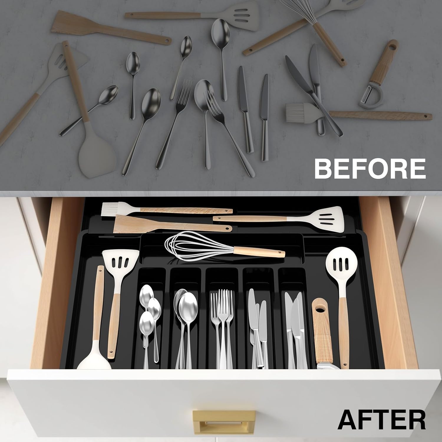Expandable Kitchen Drawer Cutlery Organizer - Adjustable 6-9 Slot Flatware Tray