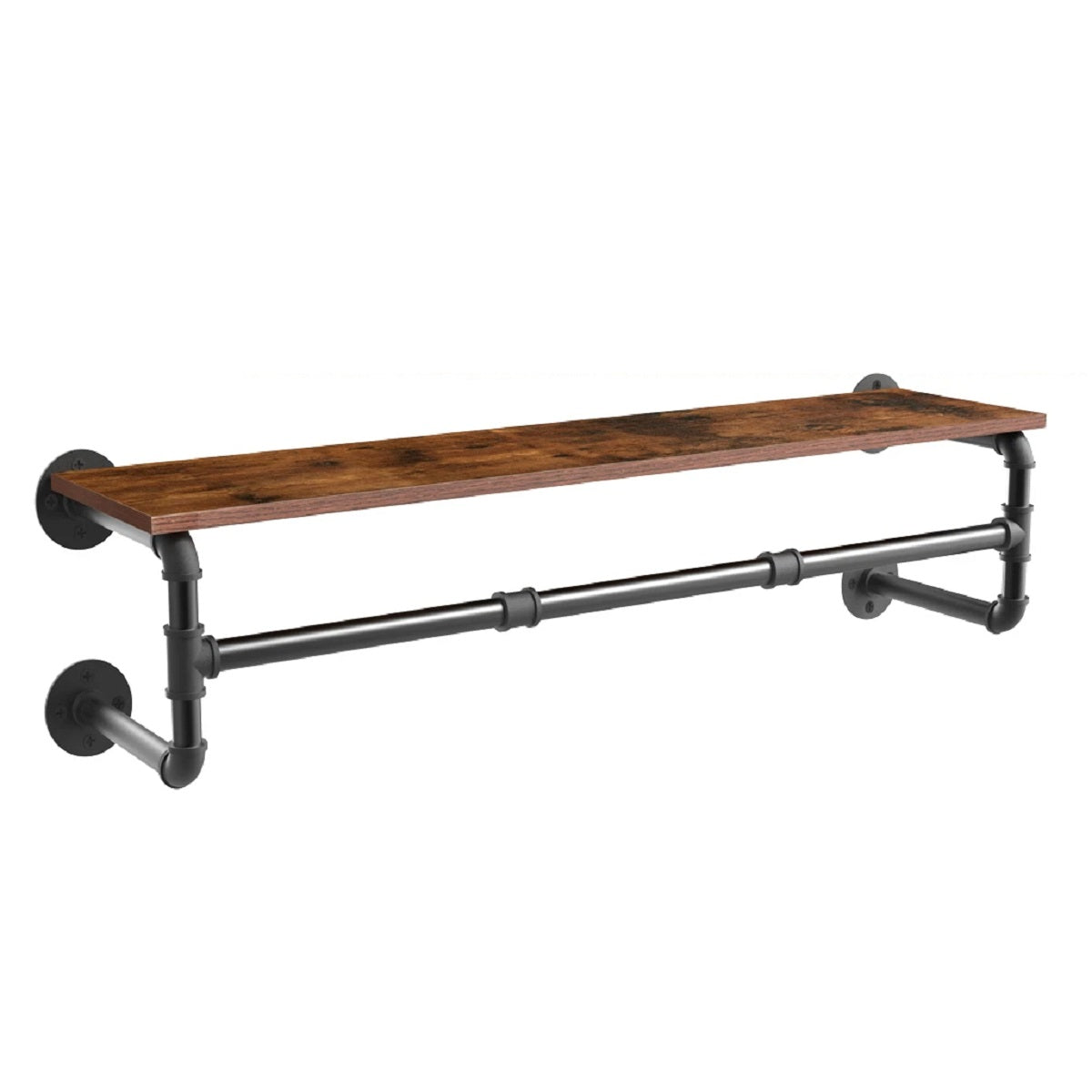 Industrial Pipe Clothing Rack - Wall-Mounted Wood Shelf and Floating Display