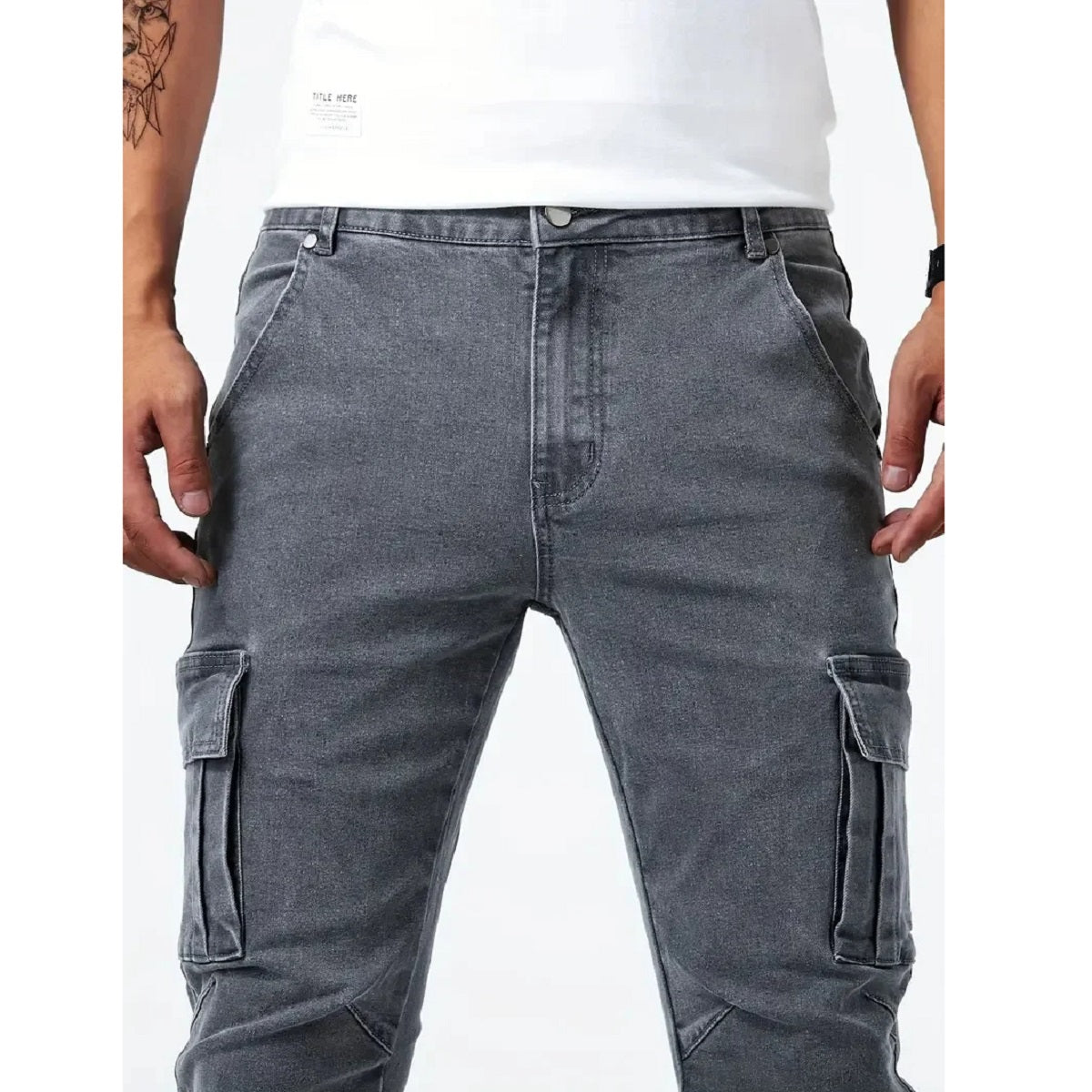 Men's Slim Fit Denim Cargo Joggers - Stylish Multi-Pocket Elastic Jeans