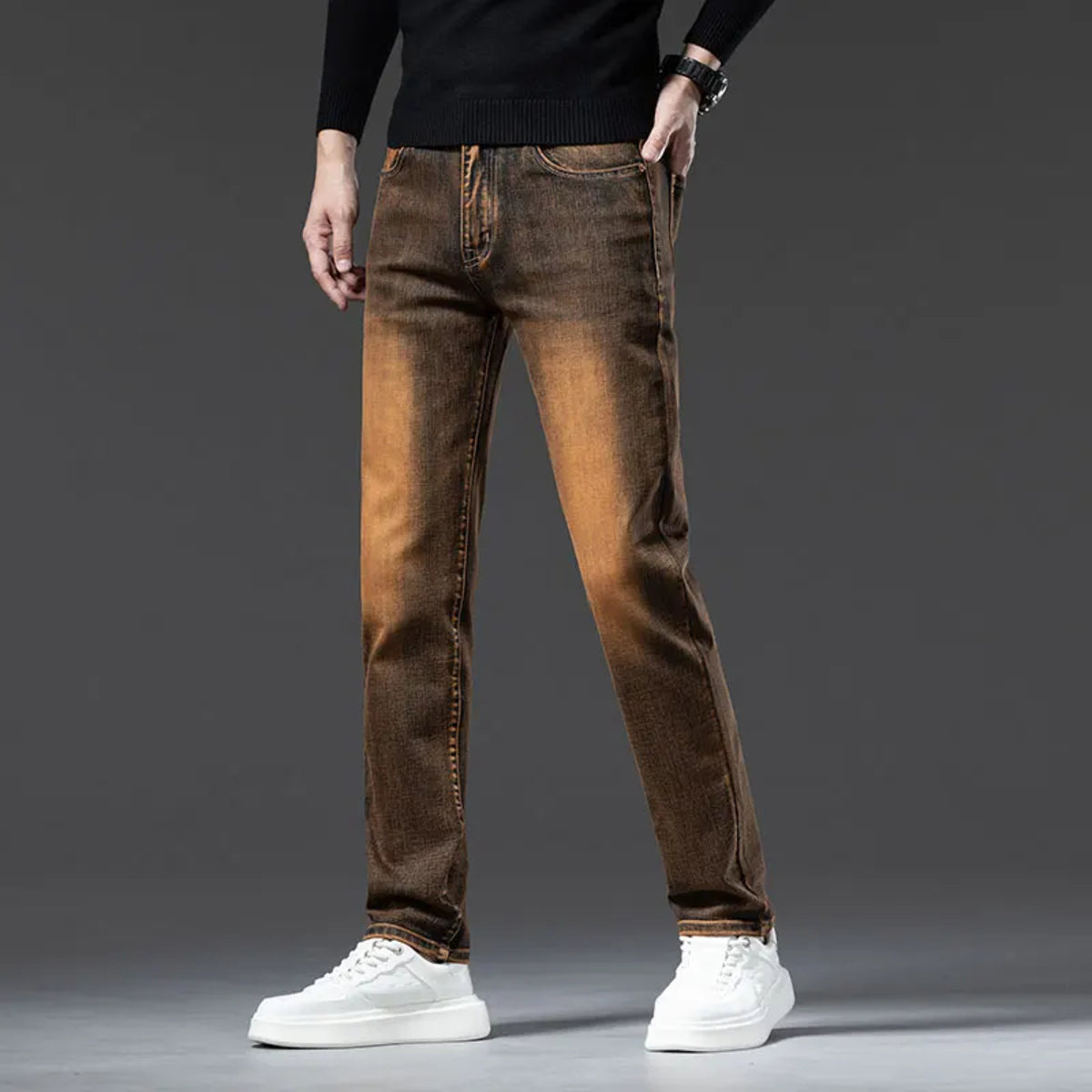 Men's Brown Vintage Winter Jeans - Thick Velvet Warm Elastic Straight Denim