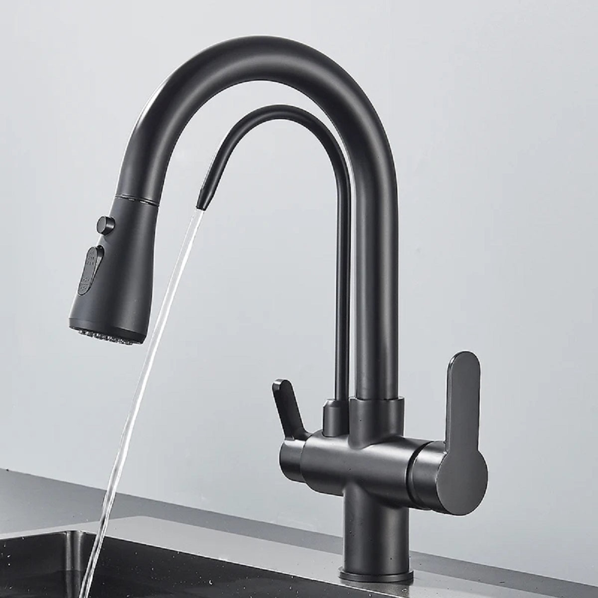 Matte Black 3-Way Kitchen Faucet - Pull-Out 360° Filtered Spray Mixer