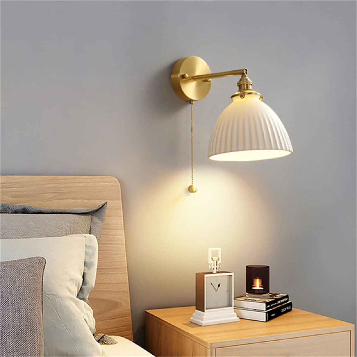Nordic Ceramic Wall Light - LED Bedside Sconce with Pull Switch