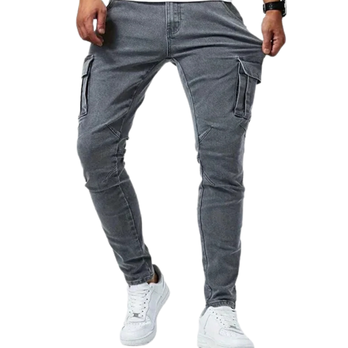 Men's Slim Fit Denim Cargo Joggers - Stylish Multi-Pocket Elastic Jeans
