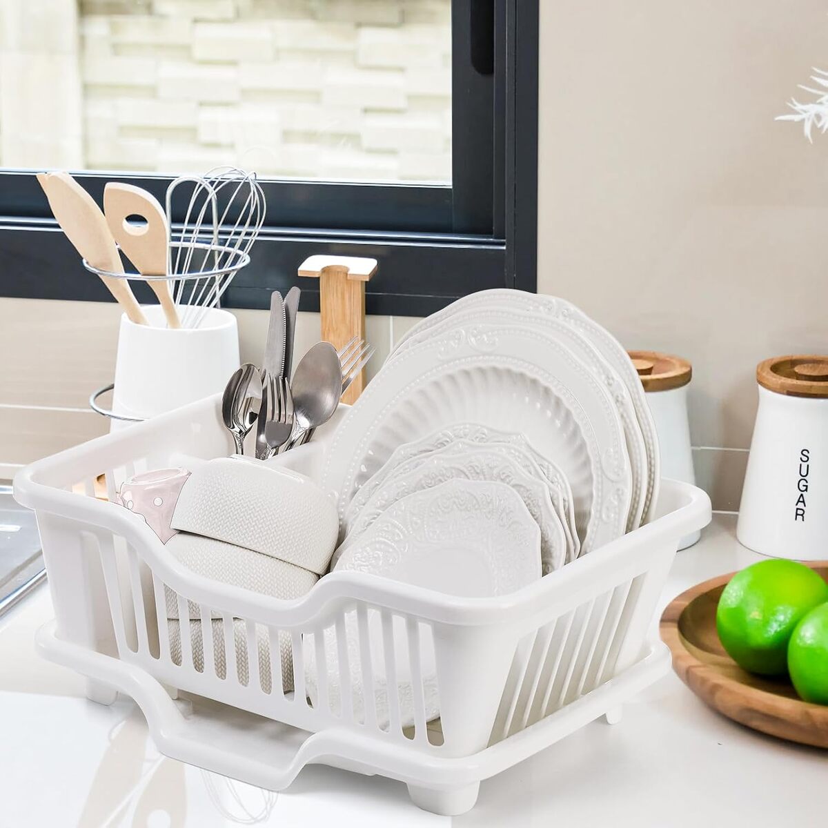 Plastic Dish Drying Rack - Duty Sink Drainer with Cup Holders and Drainboard