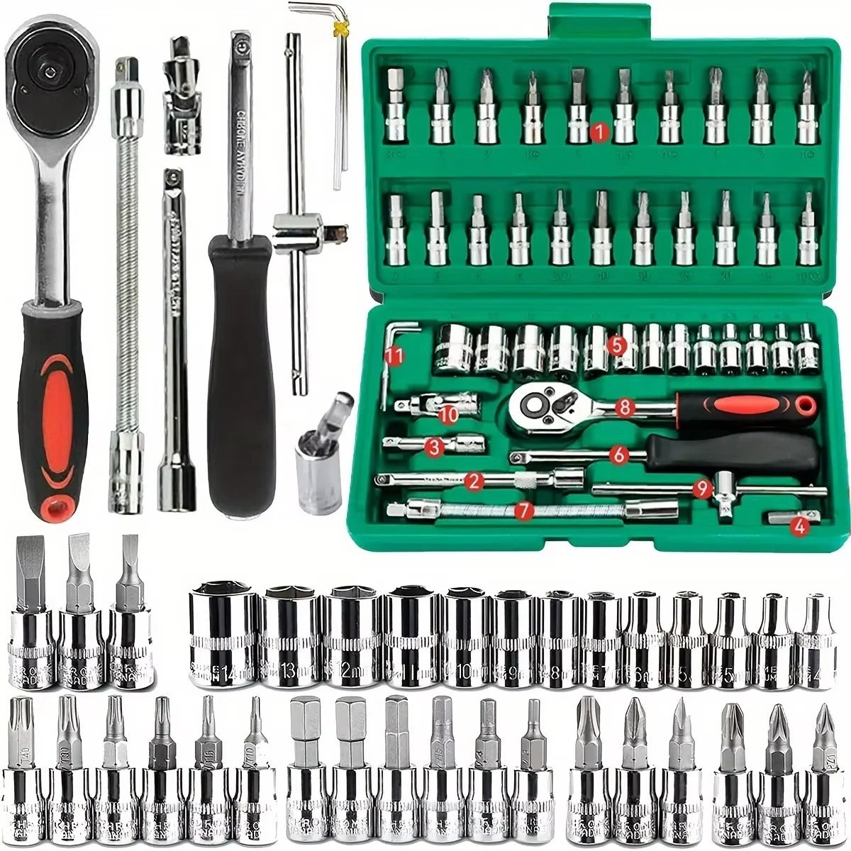 46-Piece Car Repair Tool Kit - 1/4-Inch Socket Set with Ratchet and Wrench