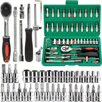 46-Piece Car Repair Tool Kit - 1/4-Inch Socket Set with Ratchet and Wrench