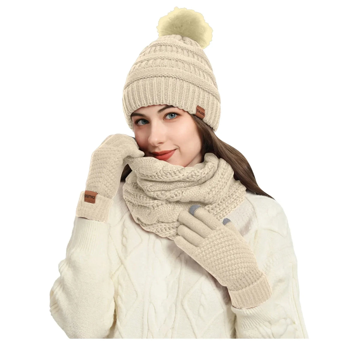 Women's Winter Hat Scarf Set - Knit Beanie with Gloves and Neck Warmer